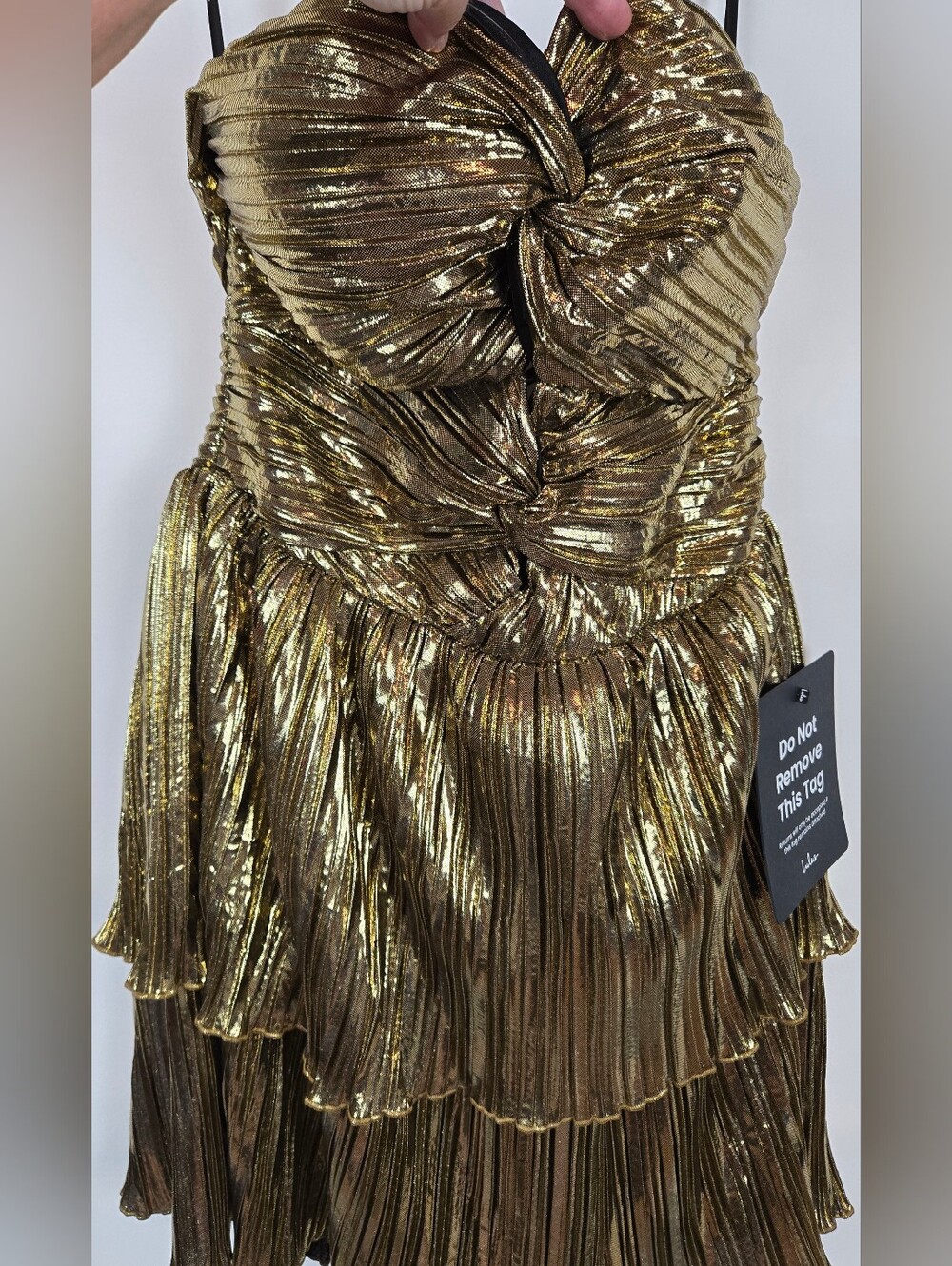 Lulu's Metallic Gold Party Or HOCO Mini Dress with Knot Bodice NWT